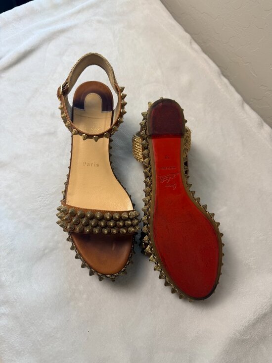 Christian Louboutin Shoes - Christian Louboutin Pyraclou Studded Wedge Sandals Gold Brown Size 39 / 8.5